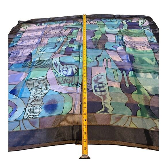Sheer Striped Picasso Scarf Art Scarf Blue Purple Green 39" Abstract Watercolor - Picture 5 of 5